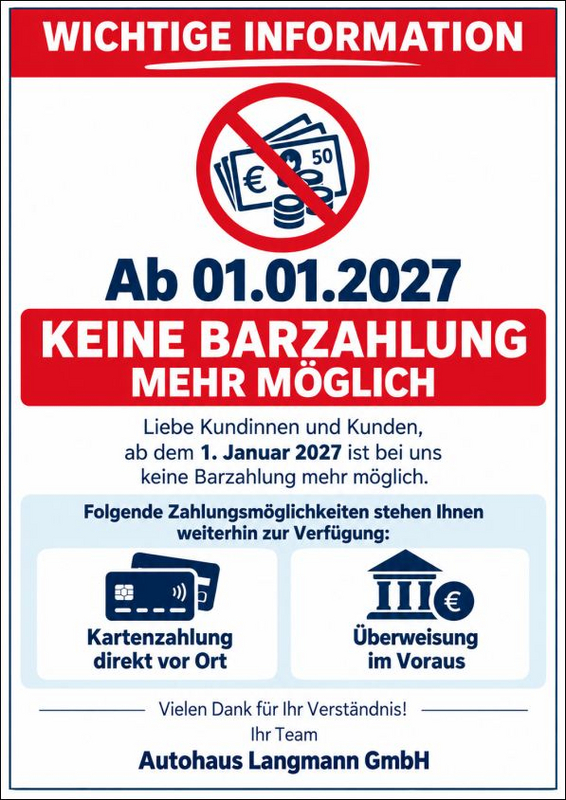Schild mit rotem Balken und weißer Schrift "WICHTIGE INFORMATION" informiert über das Verbot von Barzahlung ab 01.01.2027 und zeigt Symbole für Kartenzahlung und Überweisung als alternative Zahlungsmöglichkeiten